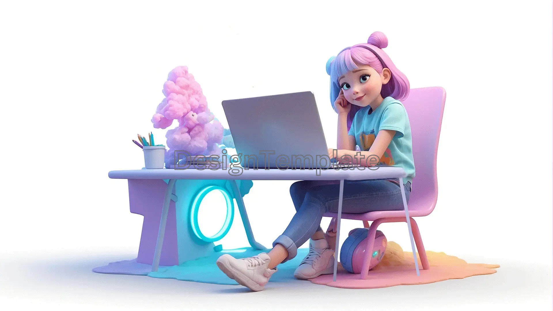 Illustration of a Cute Girl Sitting at a Table with a Laptop in a 3D Picture Format